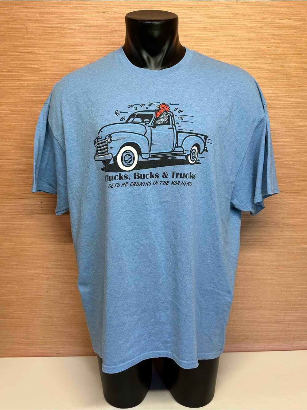 Clucks, Bucks, & Trucks Get Me Crowing in the Morning Blue T-Shirt Size 2XL